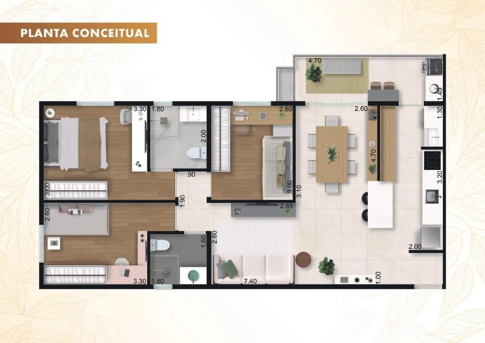 Planta conceitual do Maxximo Prime, apartamento de 85 m²