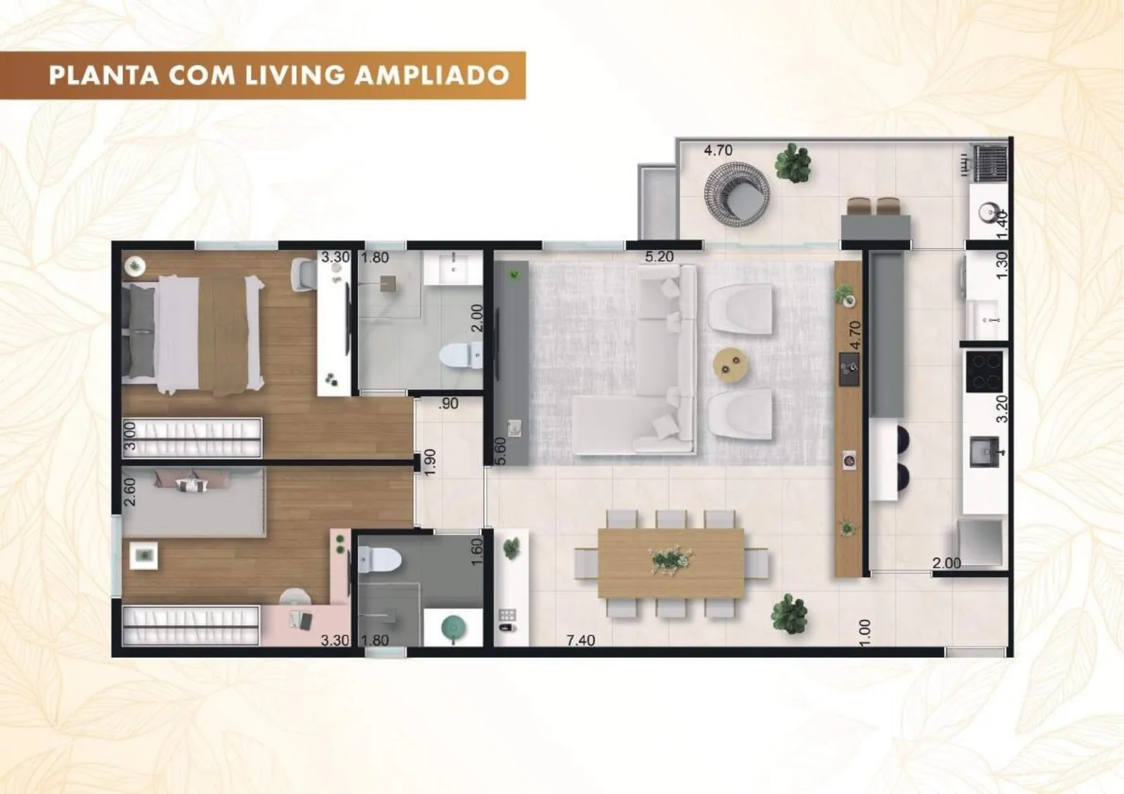 Planta com living ampliado do Maxximo Prime, apartamento de 85 m²