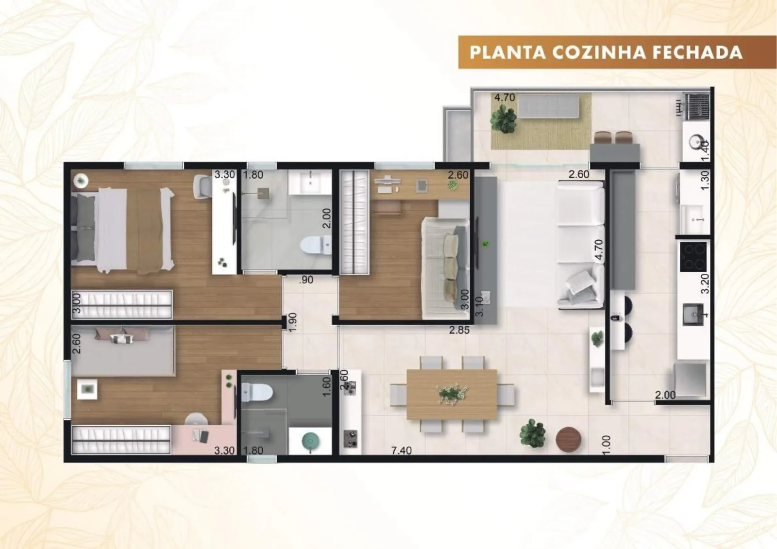Planta com cozinha fechada do Maxximo Prime, apartamento de 85 m²